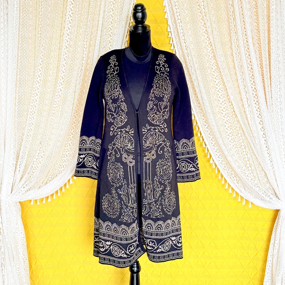 Witchy Whimsigoth Boho Gold & Black Metallic Duster Cardigan Sweater Chicos Sz M - Picture 8 of 16